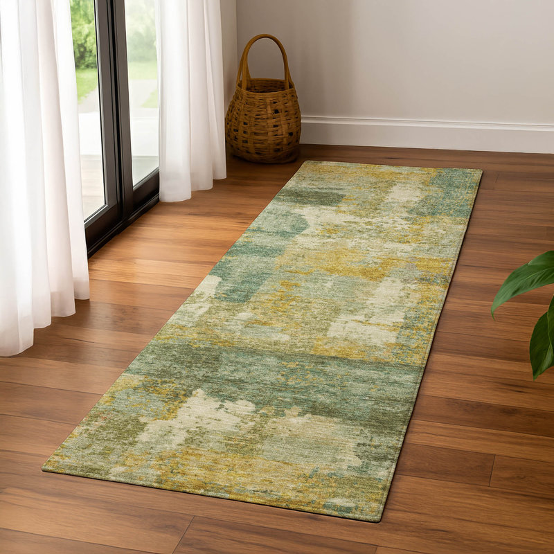 Premium Machine Washable Mayfield AMF2147 abstract Rug, Runner 2'3" x 7'6", Green