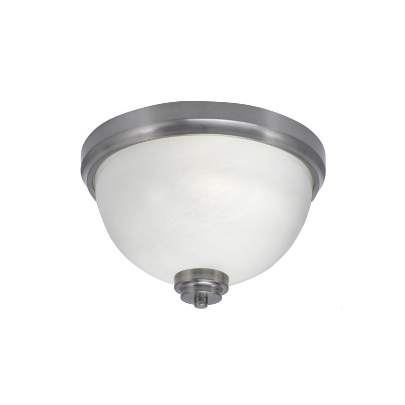 12" Flush Mount, 2-Bulbs, Shown In Brushed Nickel Finish With White Marble Glass