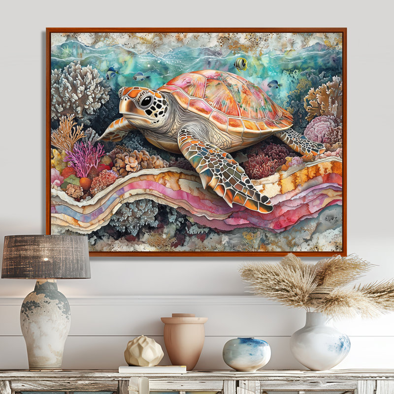 Cornellia Aquarium Turtle Coral Sanctuary III - Tortue, art mural, Brun, Impression encadrée flottante sans passe-partout