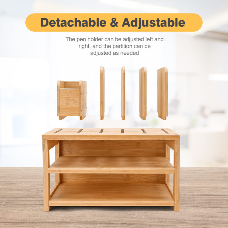 Organisateur de bureau en bambou avec porte-classeur, organisation de bureau pour les bureaux avec porte-stylo réglable, rangement pour bac à papier de bureau pour école à domicile (3 niveaux, naturel)