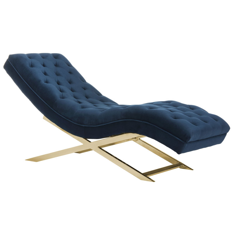 Chaise longue sans accoudoirs capitonnée Mabella, Velours marine, Laiton