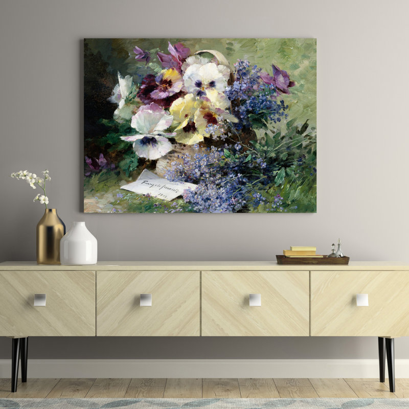 Pansies And Forget Me Not by Albert-Tibulle Furcy De Lavault - No Frame Art Prints on Canvas, 70cm H  x 100cm W  x 4cm D