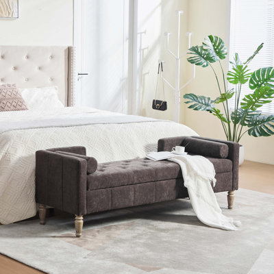 64.6"W Upholstered Chenille Flip-top Storage End of Bed Bench, Tufted Accent Footrest with Armrests&Backrest&2 Bolsters Whitewashed Rubberwood Legs for Living Room, Hallway, Entryway Bedroom