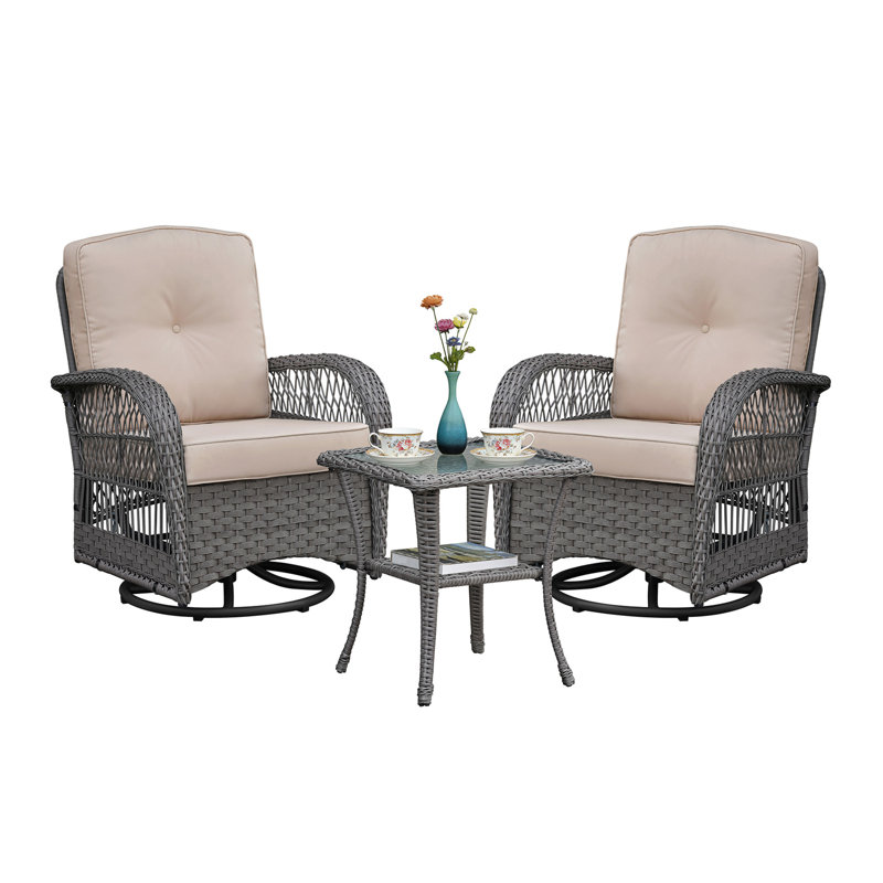 Ensemble de conversation 3 pièces, ensemble bistro de patio pivotant en osier, chaise berçante avec plateau en verre, gris