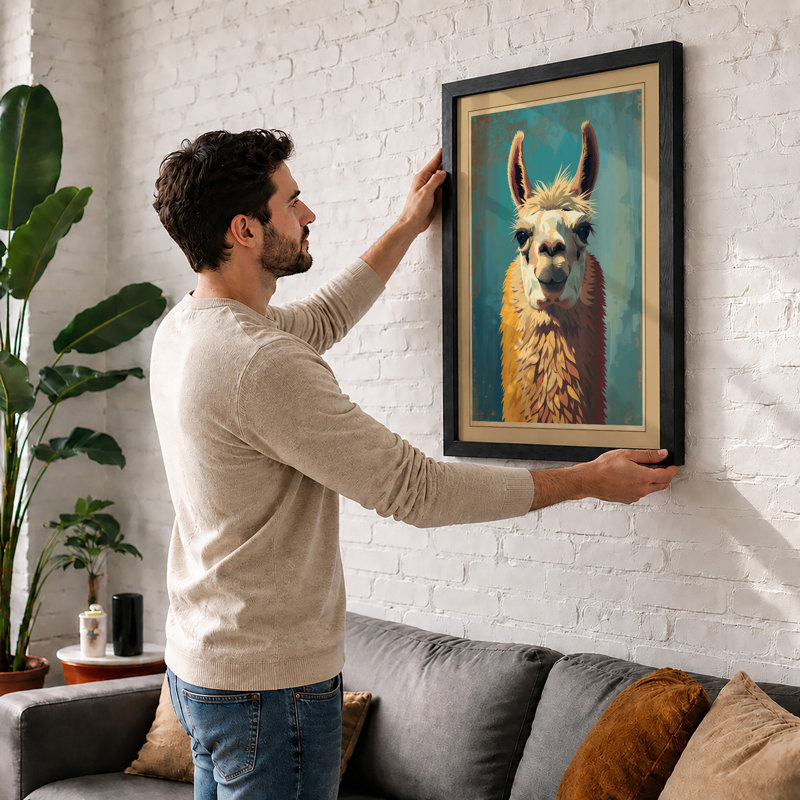 Llama Portrait Boho - Framed Print, A2 - 59.4 x 42.0 cm, Walnut