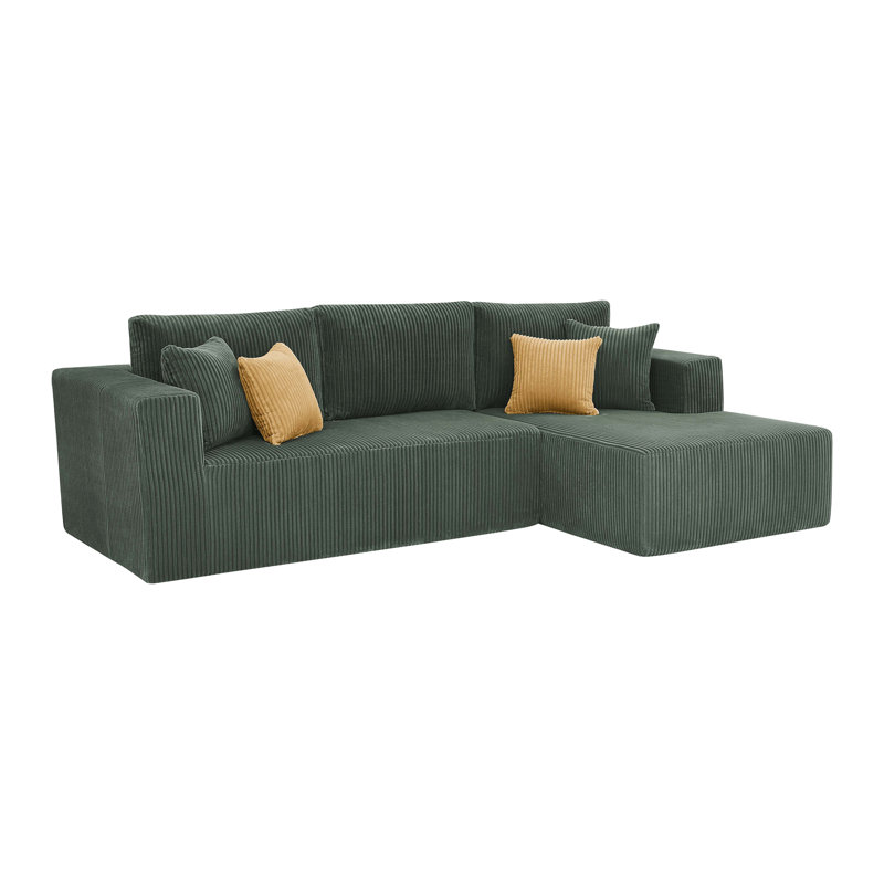 Full Compressed Corduroy Upholstered Sectional - No Assembly Needed, Right Hand Facing, Dark Green Corduroy