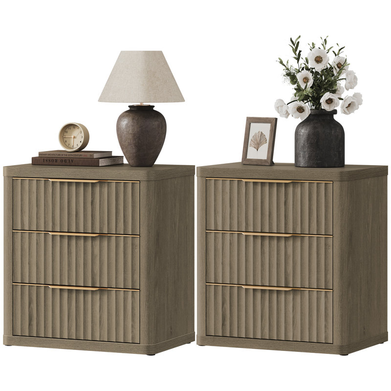 Cesiro 3-Drawer Nightstand with Metal Glides, Set of 2, Gray
