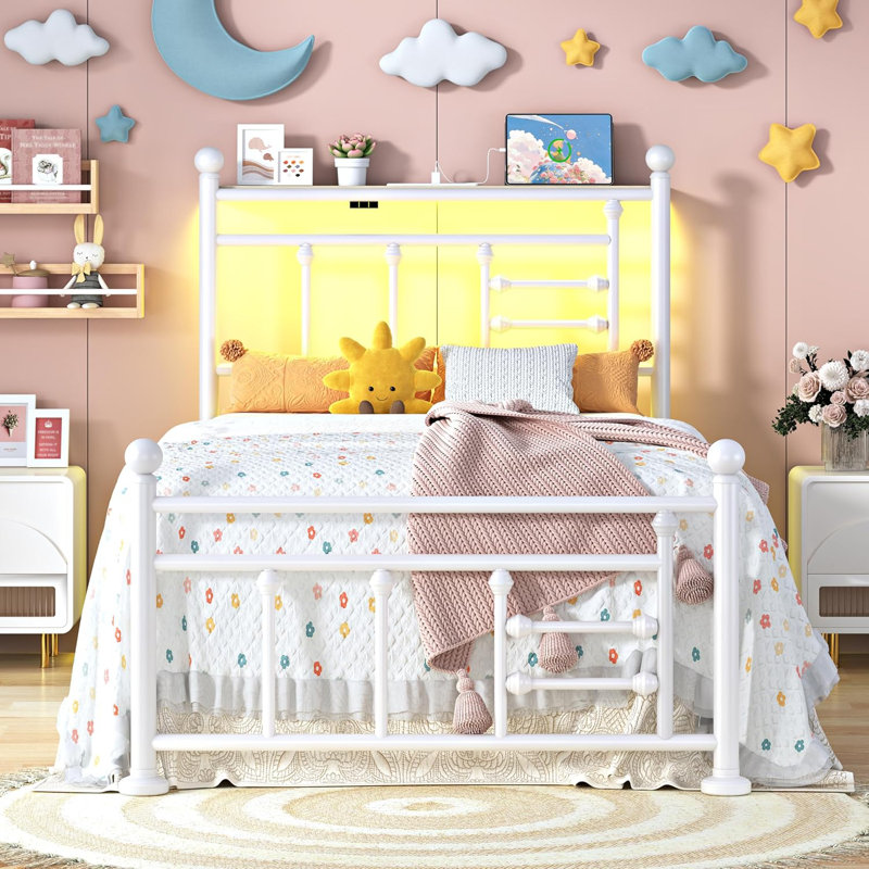 Metal Platform Bed Frame with Built-in Charging Station & LED Lights, Vintage Style Headboard and Footboard, Twin, White
