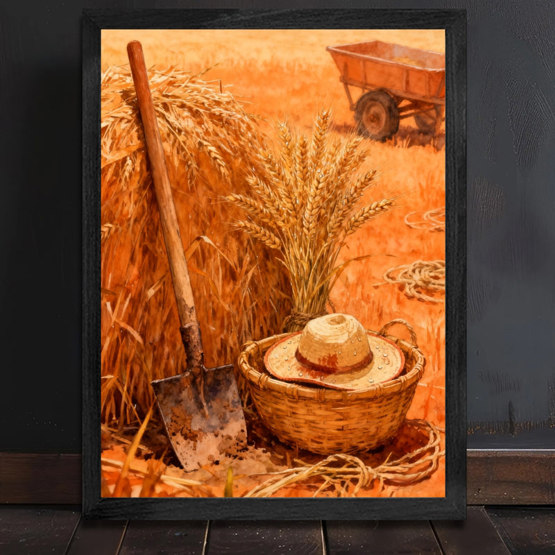 Reproduction d'art encadrée noire rétro, plantation de riz au crépuscule, H 11 po x l 9 po