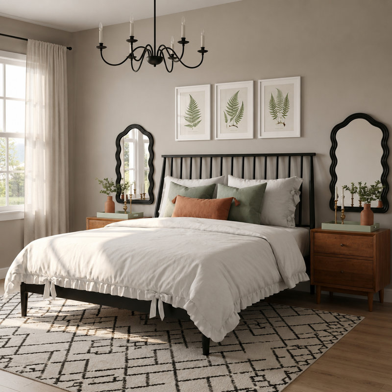 Mid-Century Modern Boho Spindle Platform Bed with 46.5" Tall Headboard,   Solid Bamboo Wood Bed Frame with Wooden Slats & Metal Support, No Box Spring Needed, Black, Queen