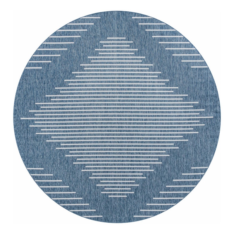 Geometric Machine Woven Polypropylene Indoor / Outdoor Area Rug in Gray/Blue, Round 3'1"