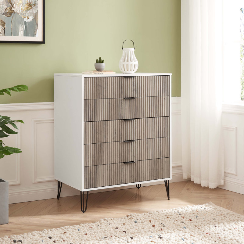 Dumbo 35" W Modern Dresser with 5 Full Extension Drawers in Rustic Gray and White, Gray/White