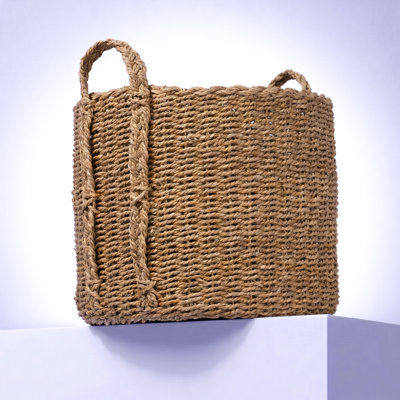 Hand-Woven Natural Bulrush Storage Basket with Braided Handles