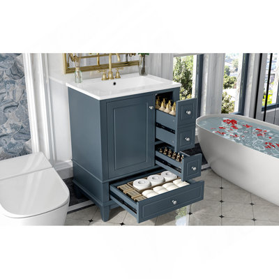 Meuble-lavabo 24 po avec lavabo et tiroirs, meuble-lavabo autoportant gris-bleu avec plateau en céramique et tablettes de rangement, panneau de fibres à densité moyenne et base en bois massif, meuble-lavabo moderne pour les petites salles de bain
