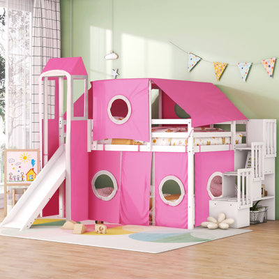 Lit mezzanine double avec tente et tour rose. Bois de pin massif artisanal. Conception inspirée d'une maisonnette avec fenêtre. Espace de rangement spacieux. L 94,6 po x l 99,5 po x H 78,9 po. Matelas non inclus. Assemblage