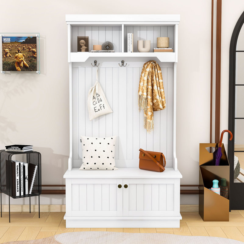 Modern Hall Tree with Hooks, Shoe Bench, Storage Cabinet and Display Shelves, White