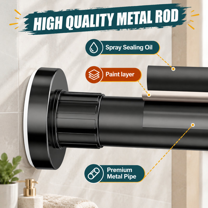 This heavy-duty black bathroom shower rod uses a telescopic spring-tension design that adjusts from 32-80 inch, installs without drilling, is rustproof, and provides a non-slip hold.