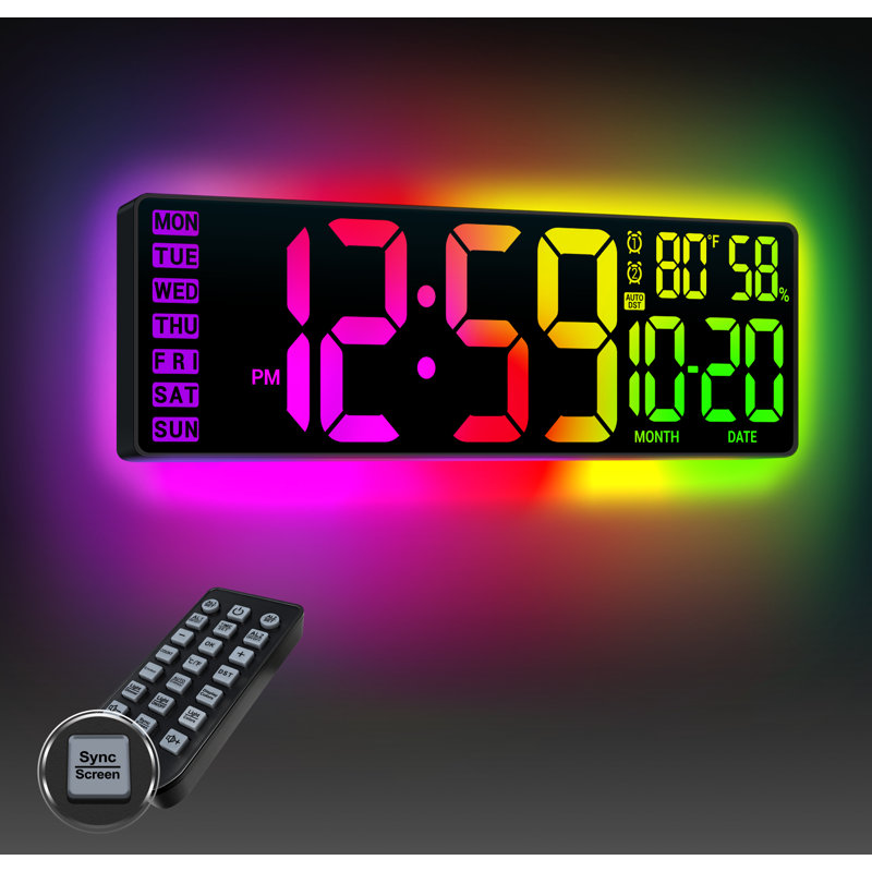 Horloge murale 16,5 po avec télécommande, rétroéclairage dynamique à double RVB, horloge à DEL avec gradation automatique de la température et humidité, horloge murale à grand nombre pour les bureaux à domicile
