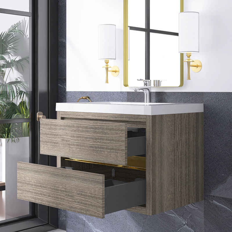 Meuble-lavabo mural 30 po avec lavabo, Bois de frêne gris