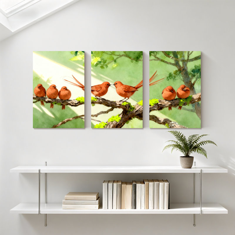 Oiseaux oiseaux perchés sur une branche avec fond vert, ensemble de 3 impressions sur toile, H 30 po x l 60 po