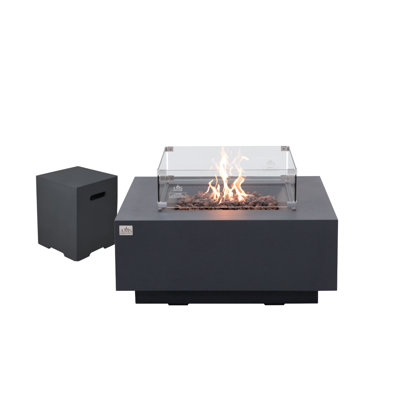 Brooklyn 40" Square Concrete Fire Pit with Wind Guard, Burner Lid, and Propane Tank Cover