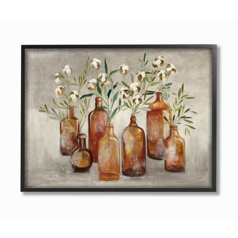 Country Cotton Flower Stems Print on Canvas with Black Frame
