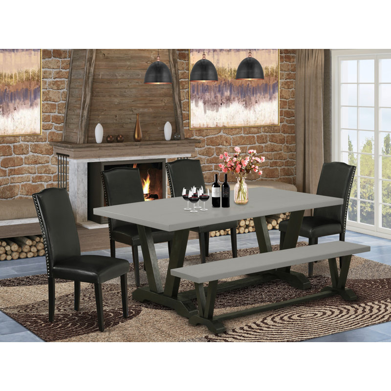 Ensemble de salle à manger 6 pièces - 4 chaises Parson Pu noires, 1 banc en bois et 1 table de salle à manger moderne - Finition noire brossée