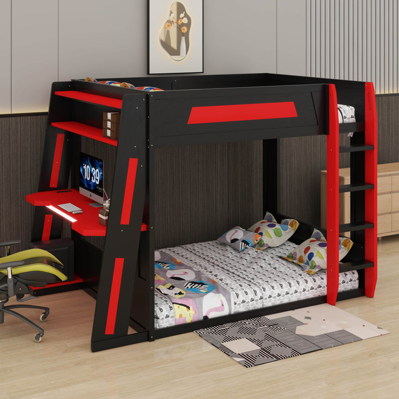 Grand lit superposé en bois avec bureau, USB et DEL, Noir / Rouge, Grand lit