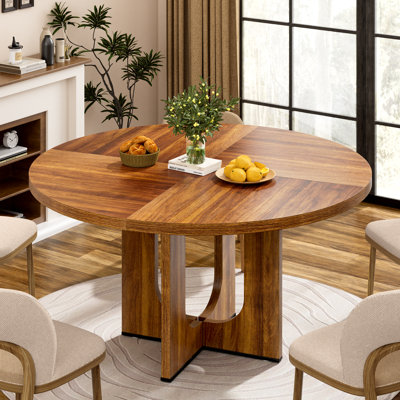 Round Dining Table Wood Kitchen Table For 4,47" Farmhouse Dinner Table With Cross Base For Dining Kitchen Room