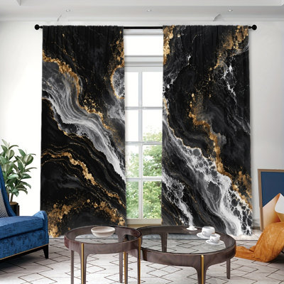 2PCS Rod Pocket Light Filtering Curtains, Elegant Swirl Black Gold Marble Printed Drapes, Modern Minimalist Home Decor, All Season Window Treatments for Living Room Bedroom Dorm Home Decoration