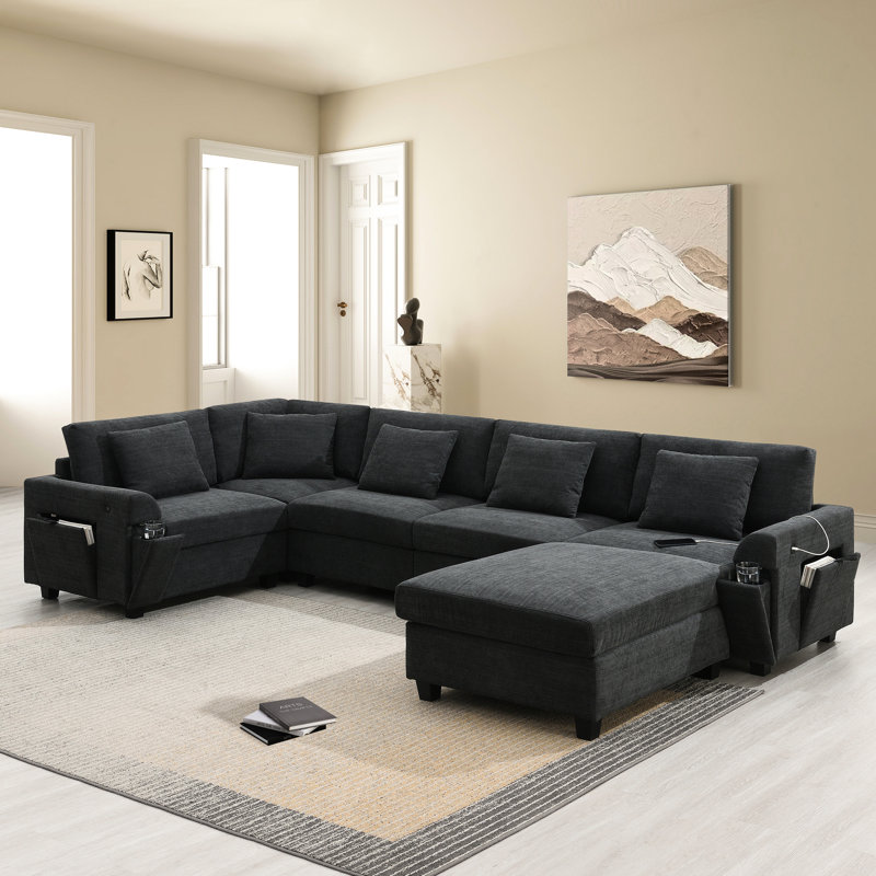 Chenille 6 places en forme de U, avec rangement amovible pour accoudoirs, porte-gobelets et ports pour le confort, canapé de 128 po x 67 po, décoration cachée
