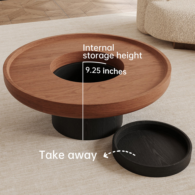 Table basse ronde en bois de noyer avec rangement