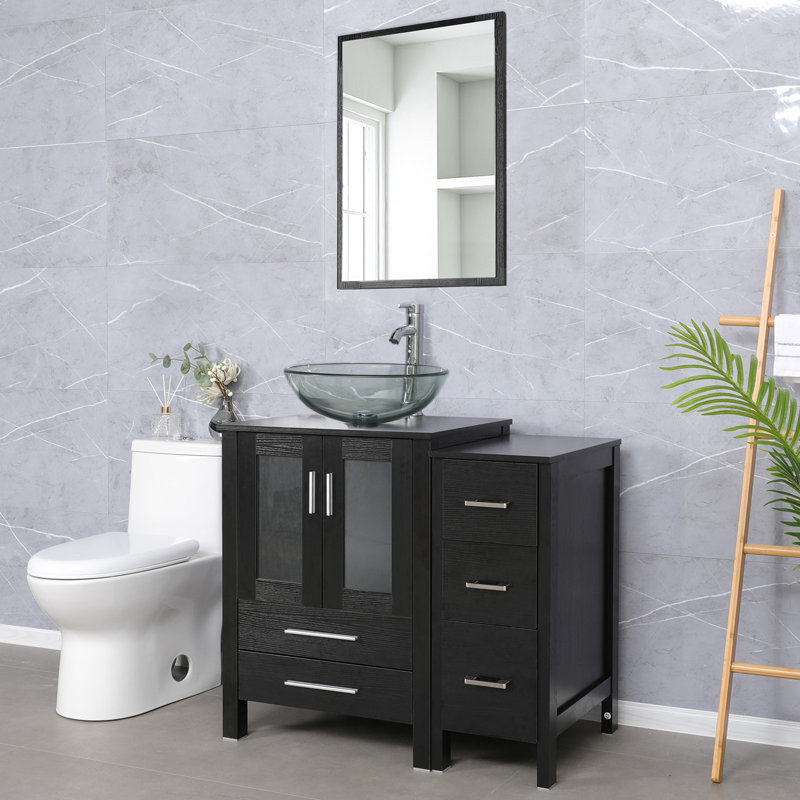  36" Single Bathroom Vanity Set with Glass Sink, Water Saving Faucet, Pop up Drain, Black, Dark Espresso
