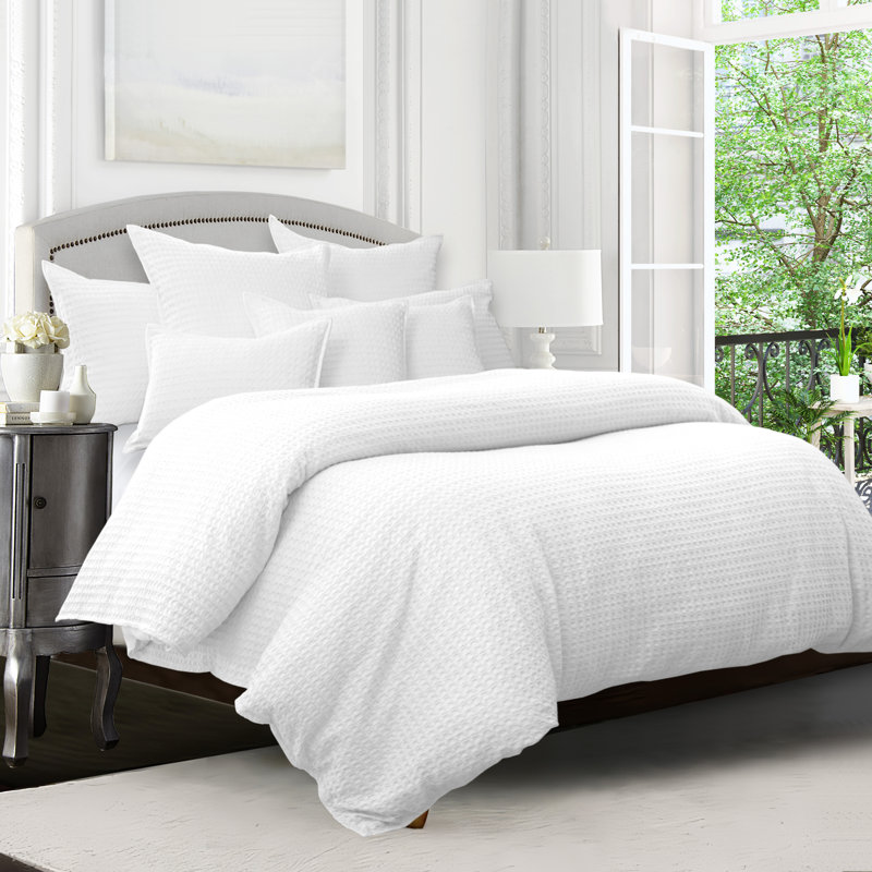 Ensemble de housse de couette Honeycomb Waffle 8 pièces, Housse de couette double / grand + 4 taies décora, Blanc