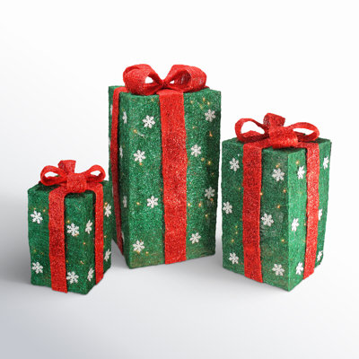 Set of 3 Lighted Tall Green Gift Boxes with Red Bows Christmas Outdoor Decorations 18"