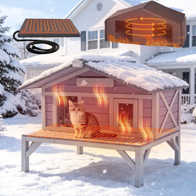 Maison de chat chauffée pour l'extérieur, maison de chat extérieure isolée avec couverture chauffante électrique, fils résistants aux piqûres, abri de chat sauvage résistant aux intempéries pour l'hiver, gris