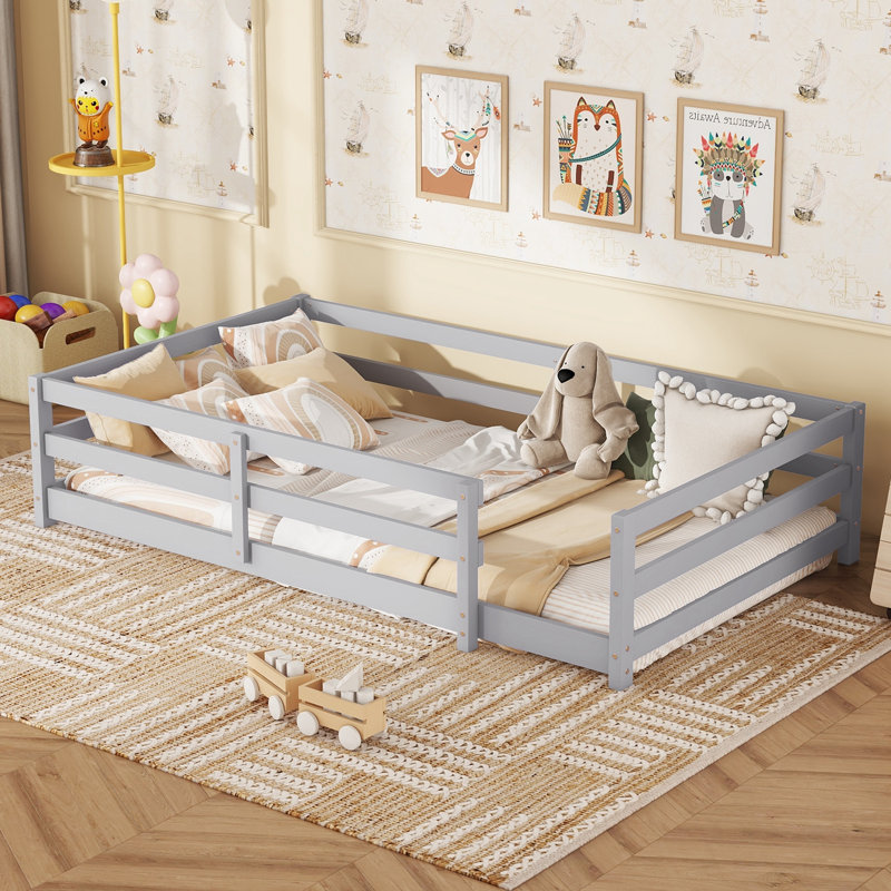 Twin Size Floor Bed With Fence, Gray, Twin
