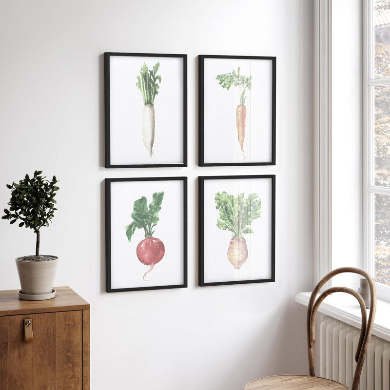 "Aquarelle, œuvre de légumes, carotte, radis, betterave et daïkon", 4 pièces, Noir, H 16 po x l 12 po