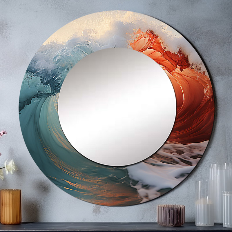 Vague verte rouge, merveille colorée - grand miroir de bord de mer, décor de miroir mural rond unique, impression sur métal