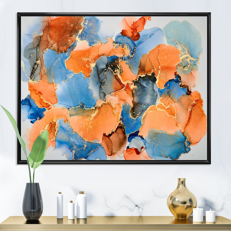 «Blue and Brown Luxury Abstract Fluid VII», peinture sur toile, H 30 po x l 40 po x P 1,5 po, Cadre flottant noir