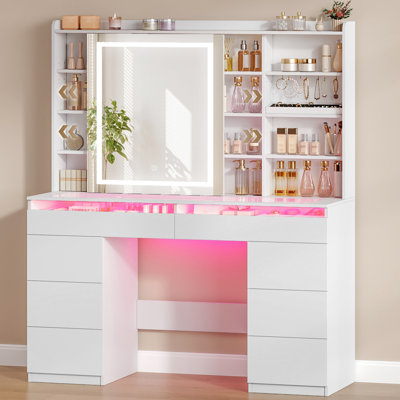 Dressing Table with Mirror, 3 Colors LED Lighting Makeup Vanity Desk with Clear Glass Top, Behind-Mirror Hidden Storage, Vanity Table with RGB Lights, 8 Drawers, 4 Shelves