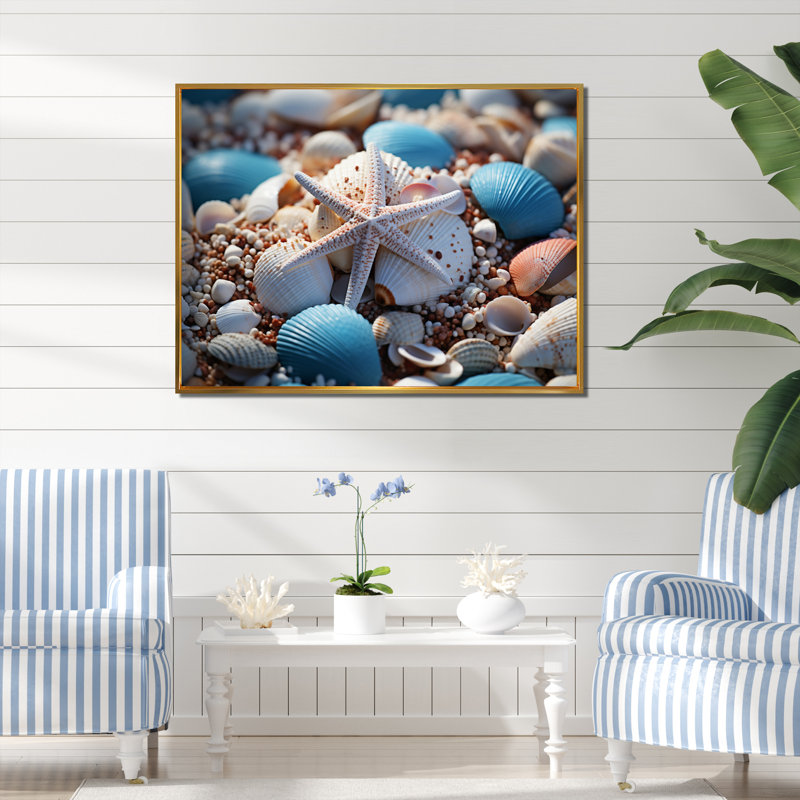 Coastal Seashell Symphony - impression, H 30 po x l 40 po x P 1,5 po, Cadre flottant doré