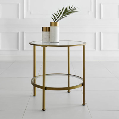 Mid Century Modern Side Table With Storage Shelf, Tempered Glass Top And Antique Gold Steel Frame For Living Room