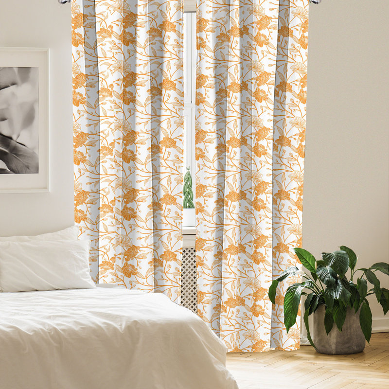 Orange Floral Light Filtering Polyester Curtain Panels, 28" x 95", Set of 2