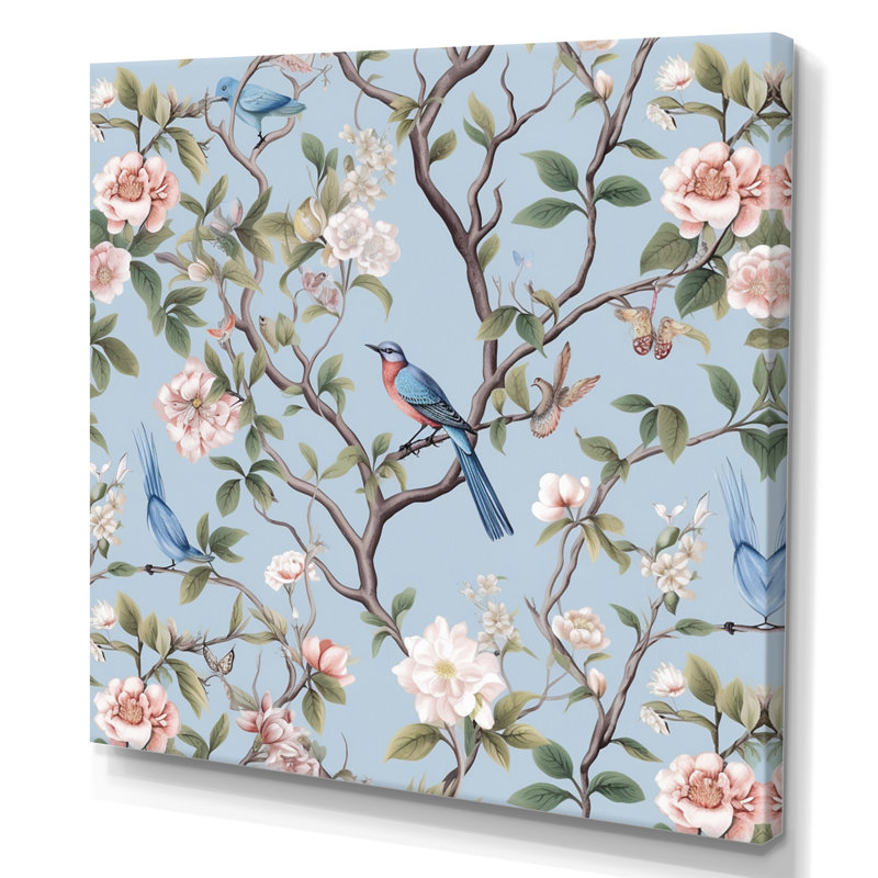 Chinoiserie avec oiseaux et pivoines - Art mural floral, H 24 po x l 24 po x P 1 po, Toile tendue