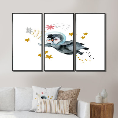" Little Penguin Flying Stars And Planets I " 3 - Pieces