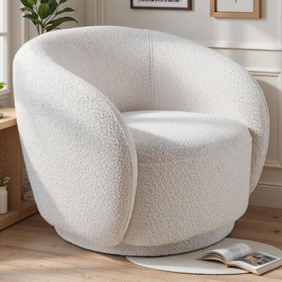 33'' 360° Swivel Barrel Accent Chair – Modern Boucle Upholstered Armchair For Living Room, Bedroom, Office