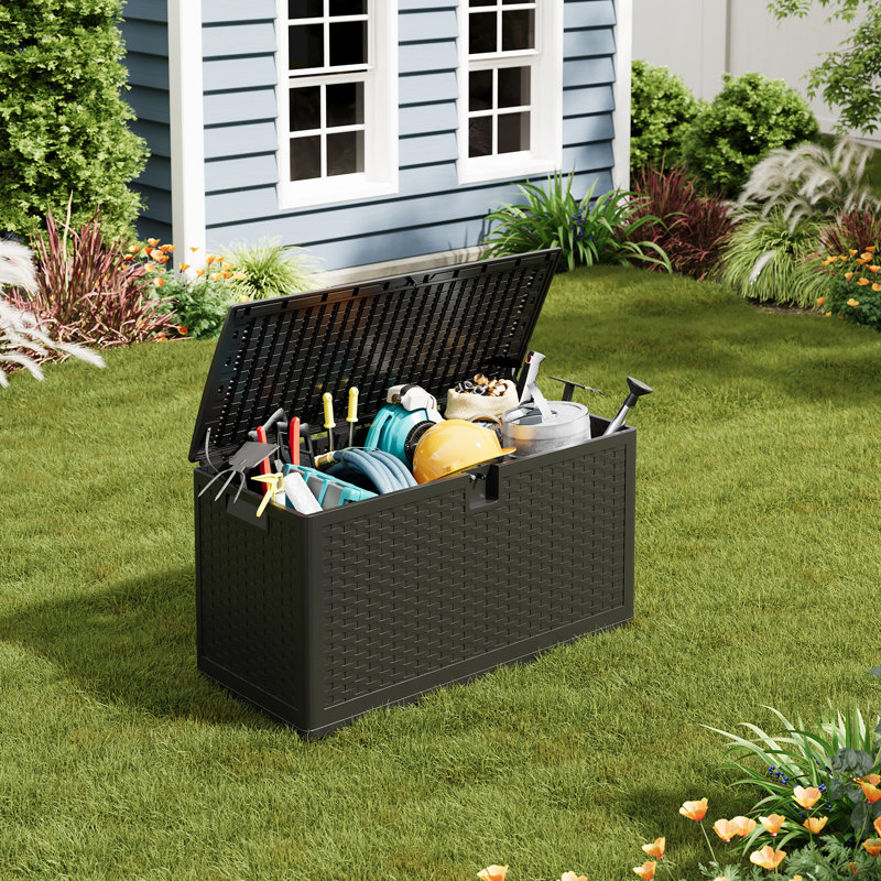 73 Gallon Black Imitation rattan Resin Deck Box Lockable Large Outdoor Storage Boxes Waterproof Outdoor Storage Bin for Patio Furniture, Outdoors Cushions, Garden Tools and Pool Supplies