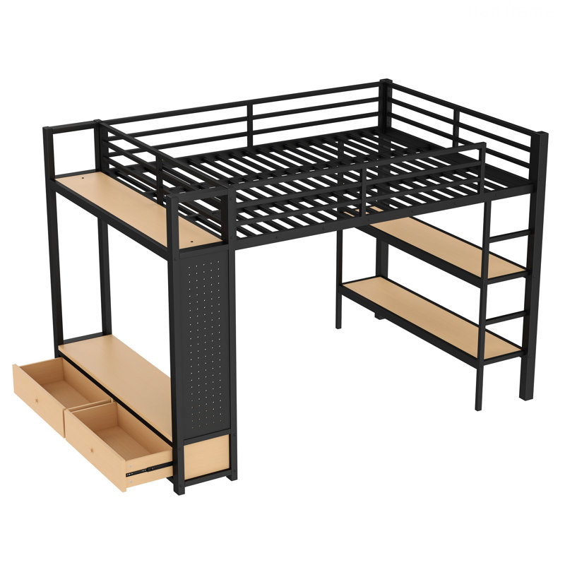 Cadre de lit Loft avec tablettes de rangement et panneau perforé, cadre de lit peu encombrant, Grand lit
