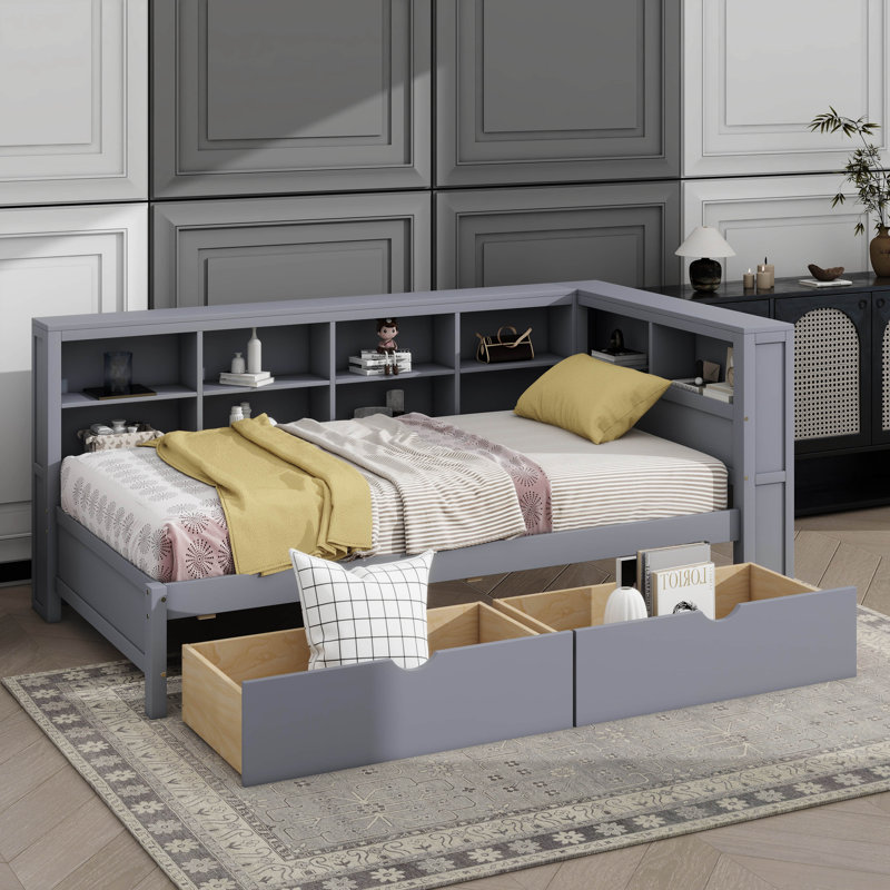 Lit de jour simple en bois avec 2 tiroirs, une tablette de rangement et des ports de chargement USB, Gris
